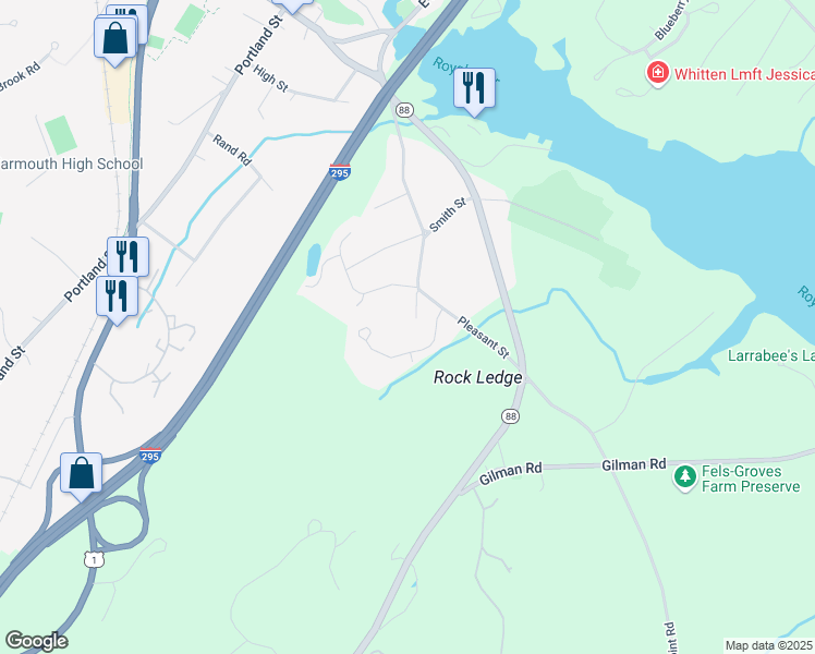 map of restaurants, bars, coffee shops, grocery stores, and more near 25 Goodings End in Yarmouth