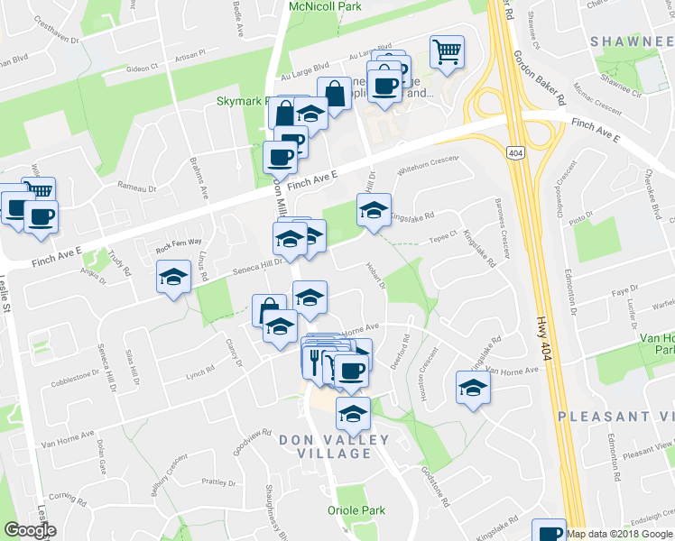 map of restaurants, bars, coffee shops, grocery stores, and more near 76 Hobart Drive in Toronto
