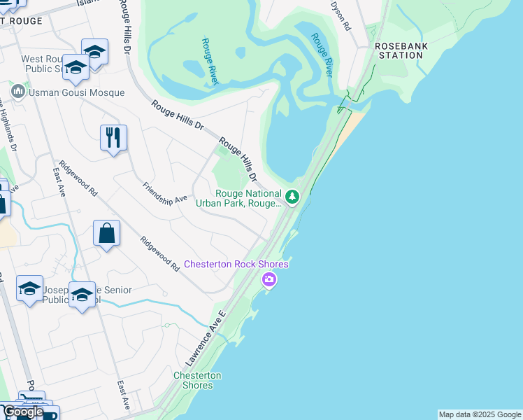 map of restaurants, bars, coffee shops, grocery stores, and more near 12 Milldock Drive in Toronto