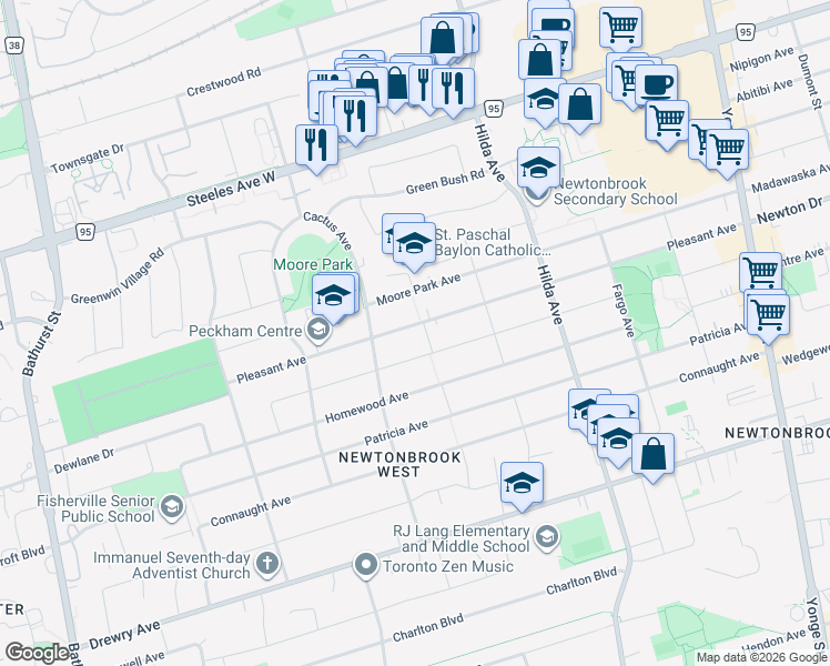 map of restaurants, bars, coffee shops, grocery stores, and more near 255 Pleasant Avenue in Toronto