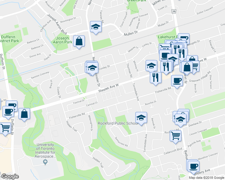map of restaurants, bars, coffee shops, grocery stores, and more near 4 Dove Hawk Way in Toronto