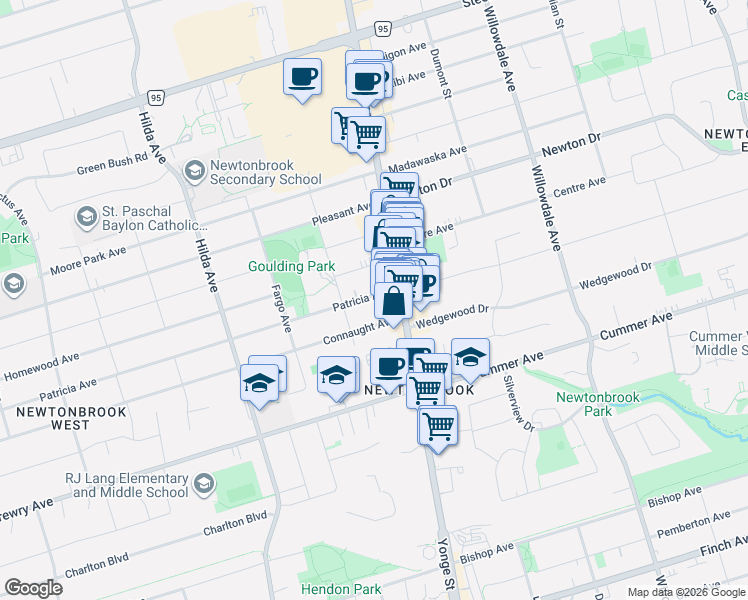 map of restaurants, bars, coffee shops, grocery stores, and more near 21 Patricia Avenue in Toronto