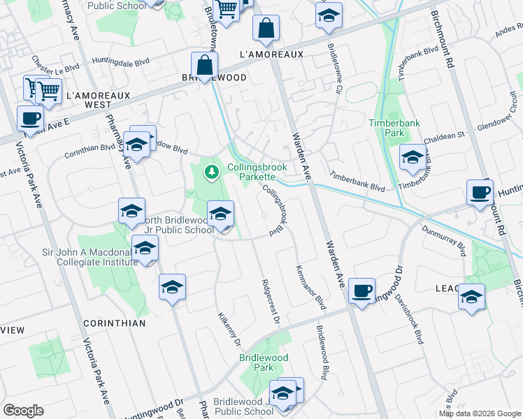 map of restaurants, bars, coffee shops, grocery stores, and more near 20 Solway Court in Toronto