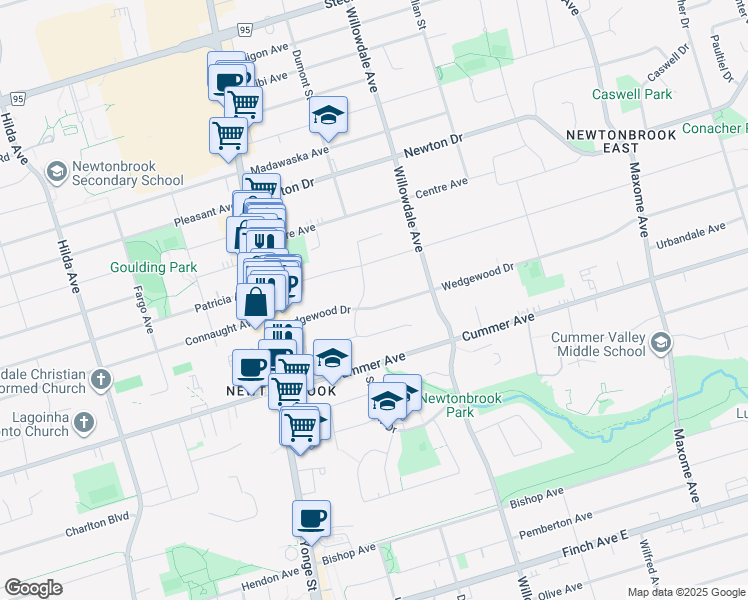 map of restaurants, bars, coffee shops, grocery stores, and more near 46 Wedgewood Drive in Toronto