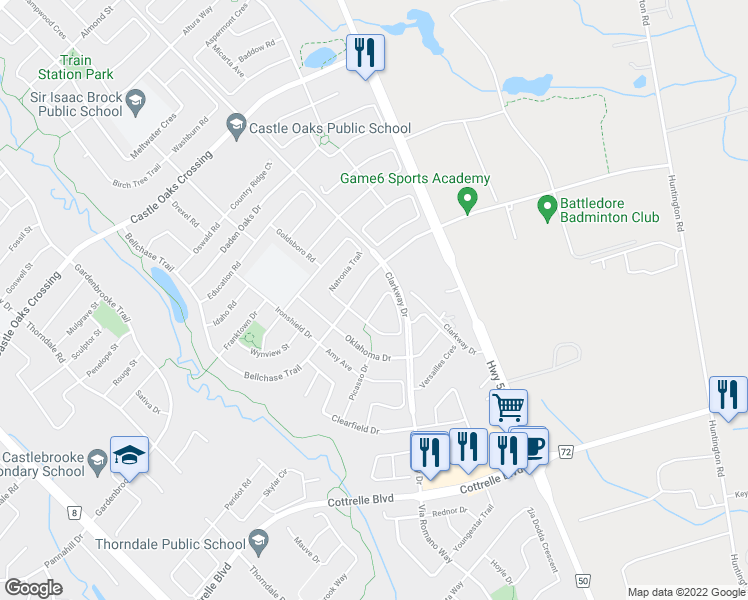 map of restaurants, bars, coffee shops, grocery stores, and more near 100 Burnstown Circle in Brampton