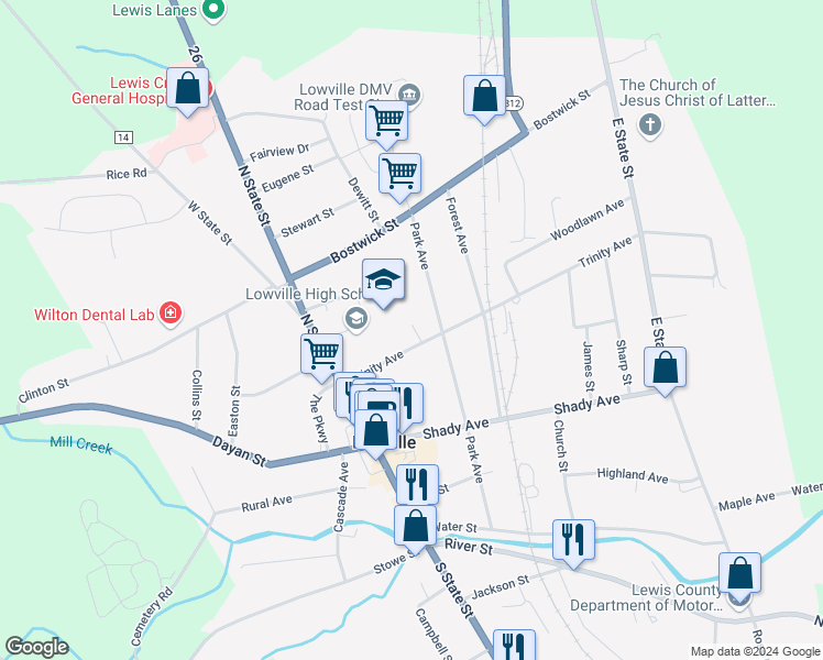 map of restaurants, bars, coffee shops, grocery stores, and more near 5447 Trinity Avenue in Lowville