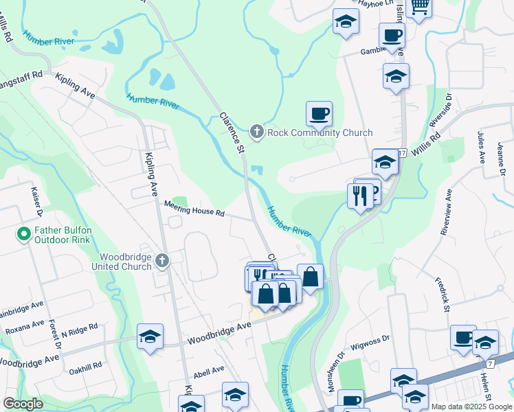 map of restaurants, bars, coffee shops, grocery stores, and more near 155 Clarence Street in Vaughan