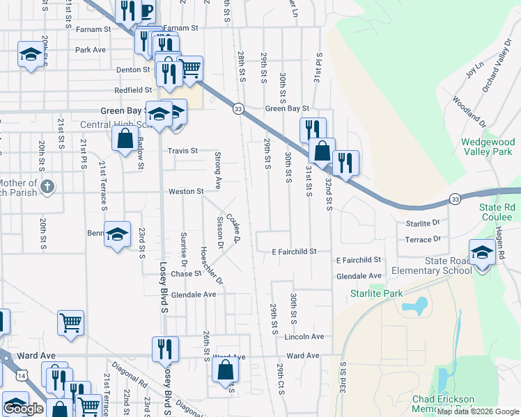 map of restaurants, bars, coffee shops, grocery stores, and more near 2116 29th Street South in La Crosse