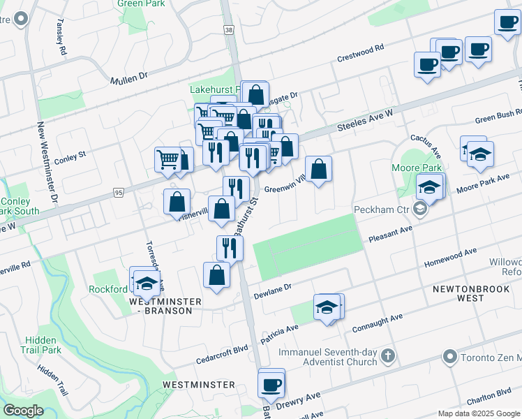 map of restaurants, bars, coffee shops, grocery stores, and more near 6171 Bathurst Street in Toronto