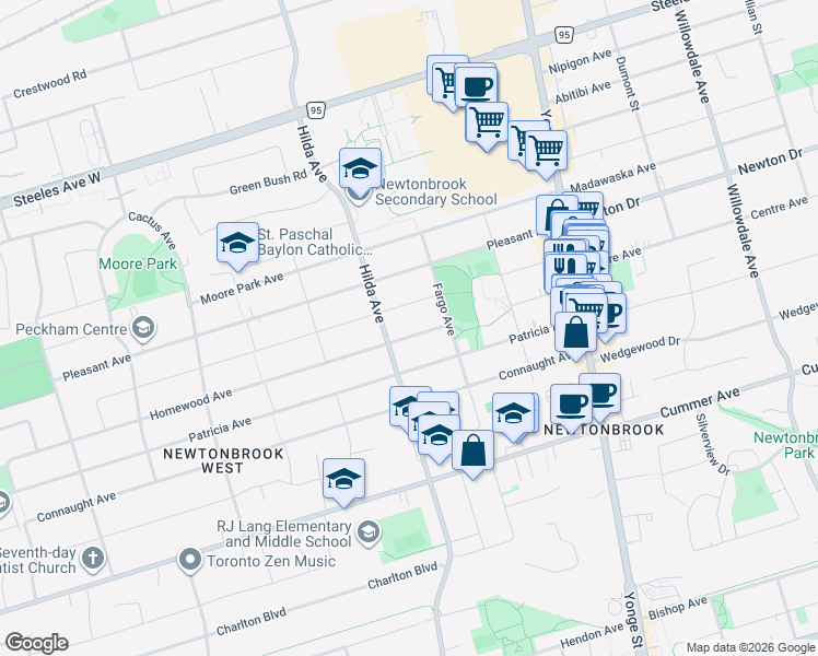 map of restaurants, bars, coffee shops, grocery stores, and more near in Toronto