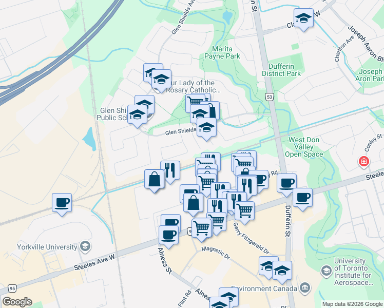 map of restaurants, bars, coffee shops, grocery stores, and more near 33 Cog Hill Drive in Toronto