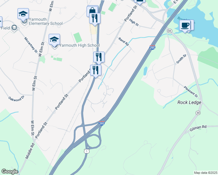 map of restaurants, bars, coffee shops, grocery stores, and more near 5 Essex Court in Yarmouth