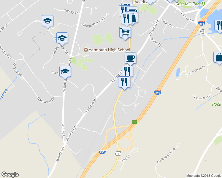 map of restaurants, bars, coffee shops, grocery stores, and more near 316 Portland Street in Yarmouth