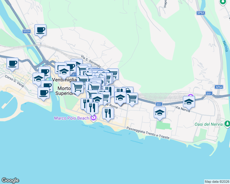 map of restaurants, bars, coffee shops, grocery stores, and more near 55 Via Roma in Ventimiglia