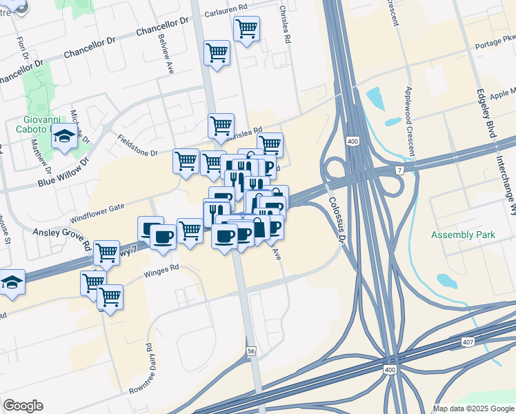 map of restaurants, bars, coffee shops, grocery stores, and more near 2916 Highway 7 West in Vaughan