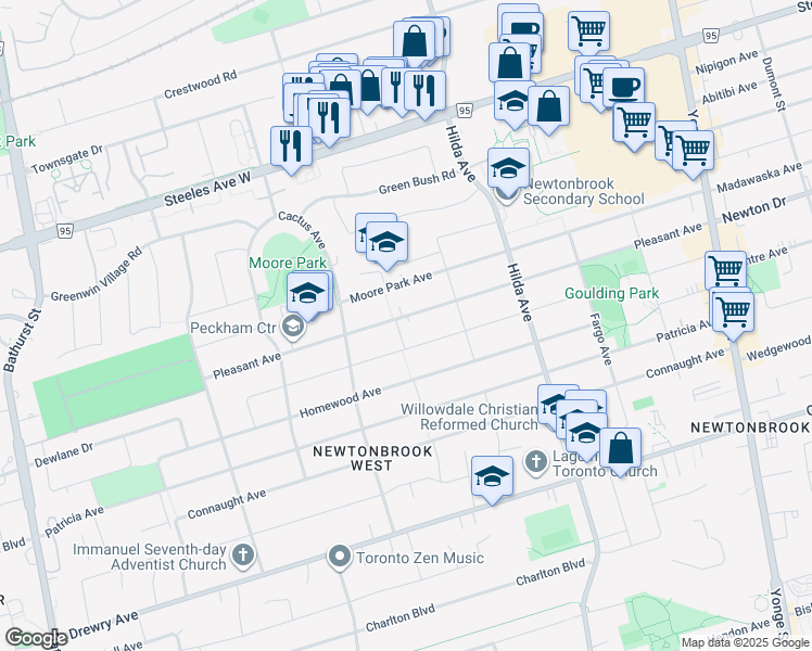 map of restaurants, bars, coffee shops, grocery stores, and more near in Toronto