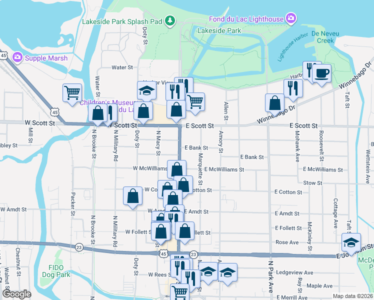 map of restaurants, bars, coffee shops, grocery stores, and more near 14 East Bank Street in Fond du Lac
