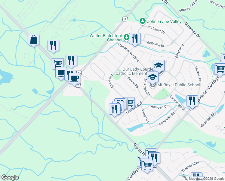 map of restaurants, bars, coffee shops, grocery stores, and more near in Brampton