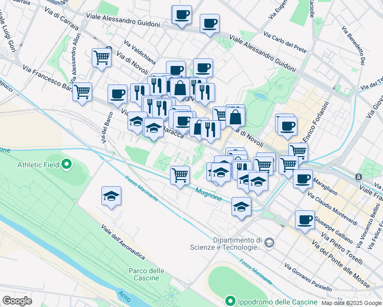 map of restaurants, bars, coffee shops, grocery stores, and more near 23056 Via Mario Castelnuovo Tedesco in Firenze
