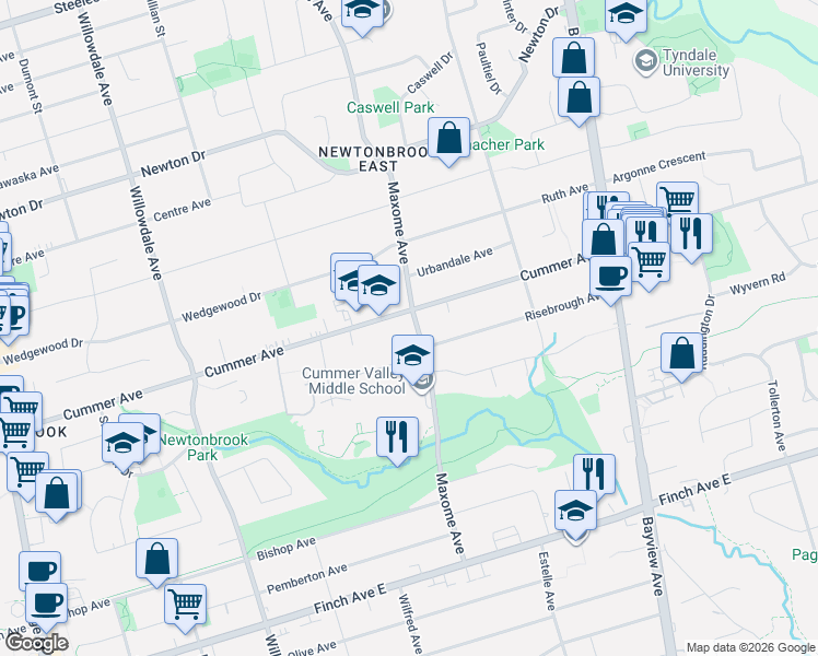map of restaurants, bars, coffee shops, grocery stores, and more near 104 Maxome Avenue in Toronto
