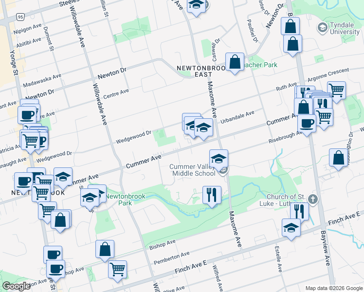 map of restaurants, bars, coffee shops, grocery stores, and more near 278 Cummer Avenue in Toronto