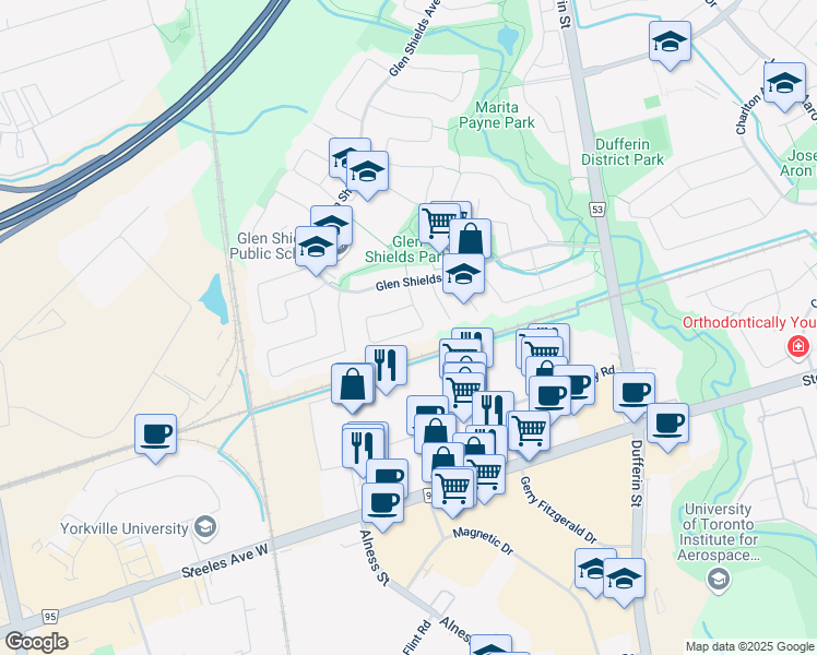 map of restaurants, bars, coffee shops, grocery stores, and more near 50 Cog Hill Drive in Vaughan
