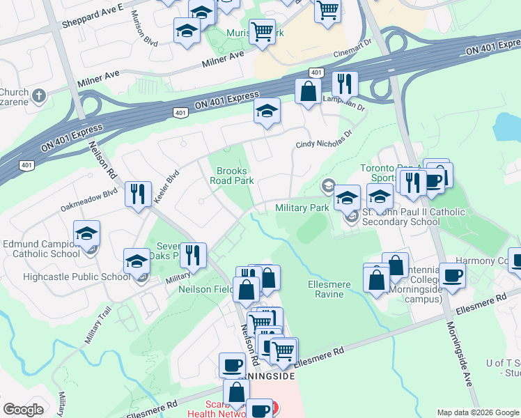map of restaurants, bars, coffee shops, grocery stores, and more near 553 Military Trail in Toronto