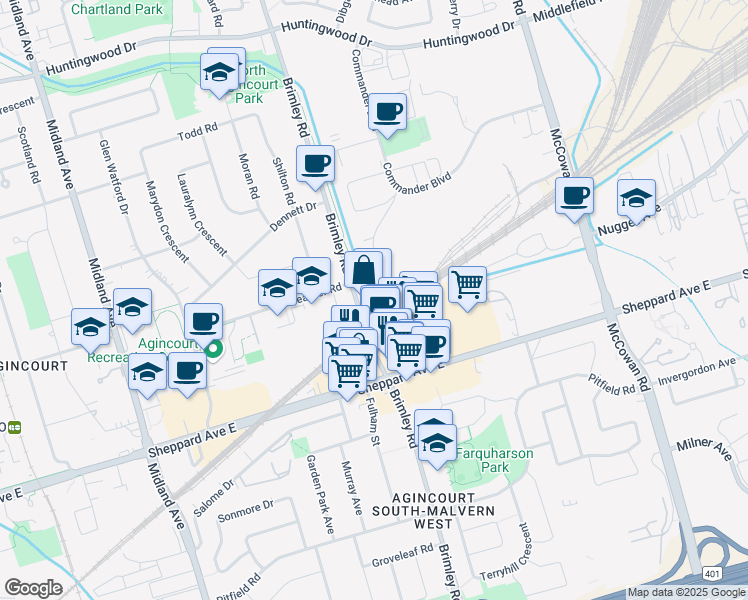 map of restaurants, bars, coffee shops, grocery stores, and more near 2201 Brimley Road in Toronto