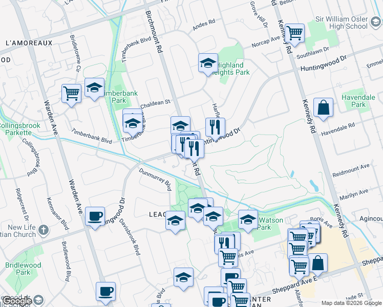 map of restaurants, bars, coffee shops, grocery stores, and more near 2588 Birchmount Road in Toronto