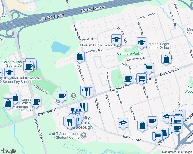 map of restaurants, bars, coffee shops, grocery stores, and more near 48 Ridware Crescent in Toronto