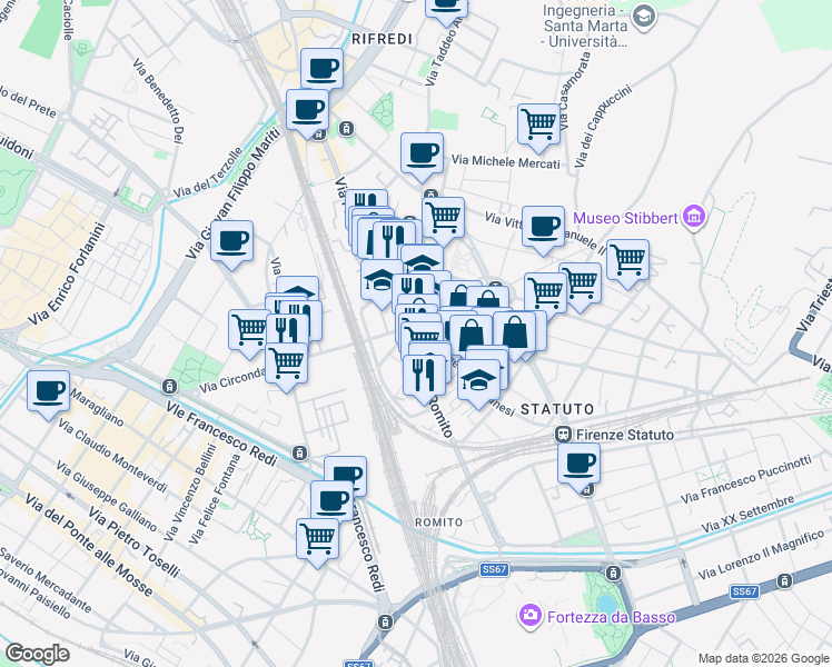 map of restaurants, bars, coffee shops, grocery stores, and more near in Firenze