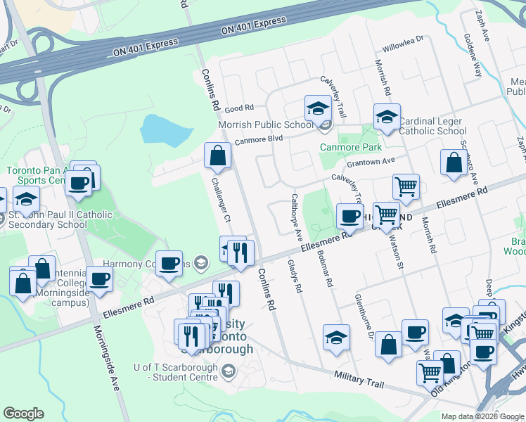 map of restaurants, bars, coffee shops, grocery stores, and more near 177 Conlins Road in Toronto