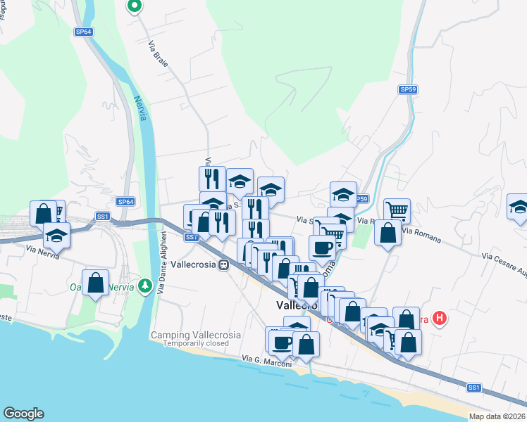 map of restaurants, bars, coffee shops, grocery stores, and more near 160 Via Papa Giovanni XXIII in Vallecrosia