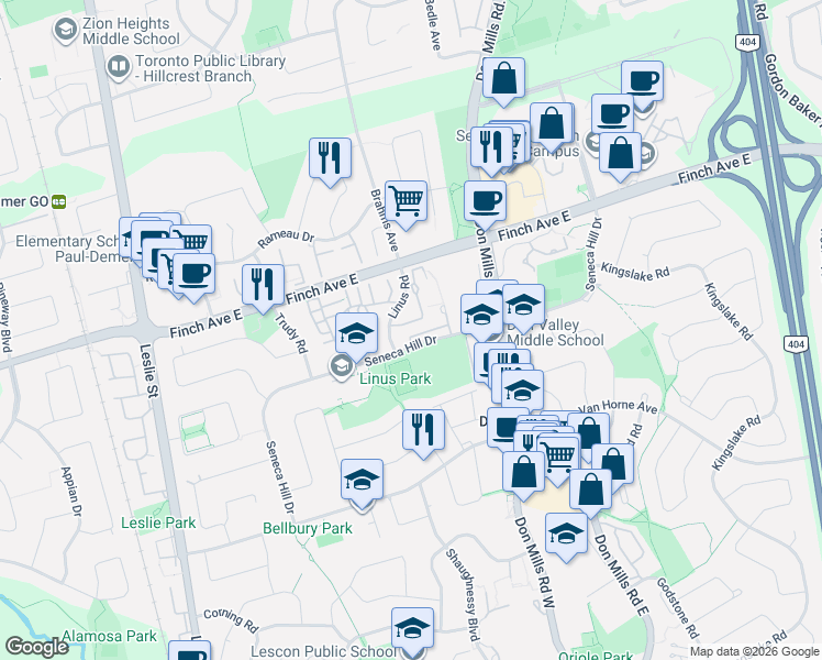 map of restaurants, bars, coffee shops, grocery stores, and more near 260 Seneca Hill Drive in Toronto