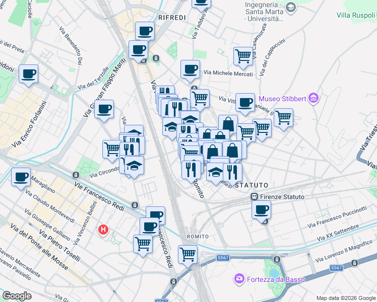 map of restaurants, bars, coffee shops, grocery stores, and more near in Firenze