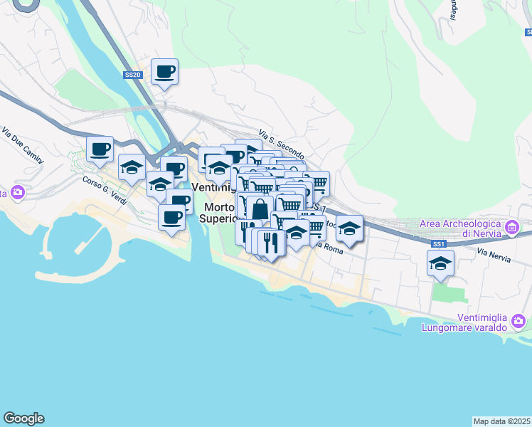 map of restaurants, bars, coffee shops, grocery stores, and more near 7 Via Fondega in Ventimiglia