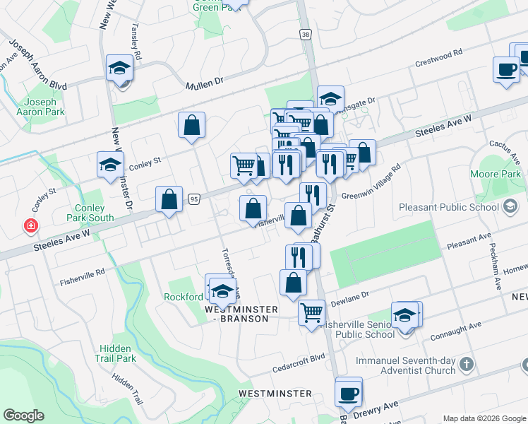 map of restaurants, bars, coffee shops, grocery stores, and more near 1121 Steeles Avenue West in Toronto