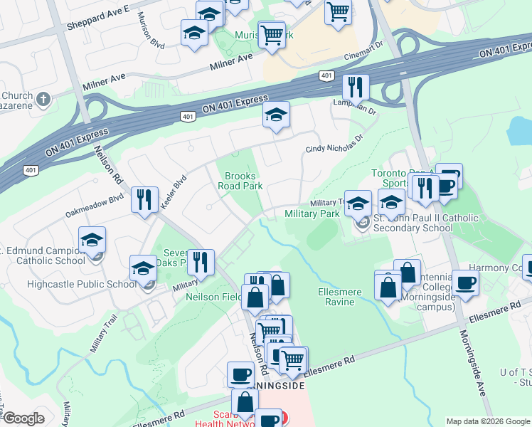 map of restaurants, bars, coffee shops, grocery stores, and more near 551 Military Trail in Toronto