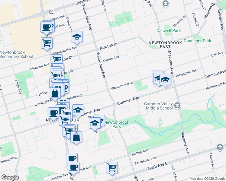 map of restaurants, bars, coffee shops, grocery stores, and more near 87 Wedgewood Drive in Toronto