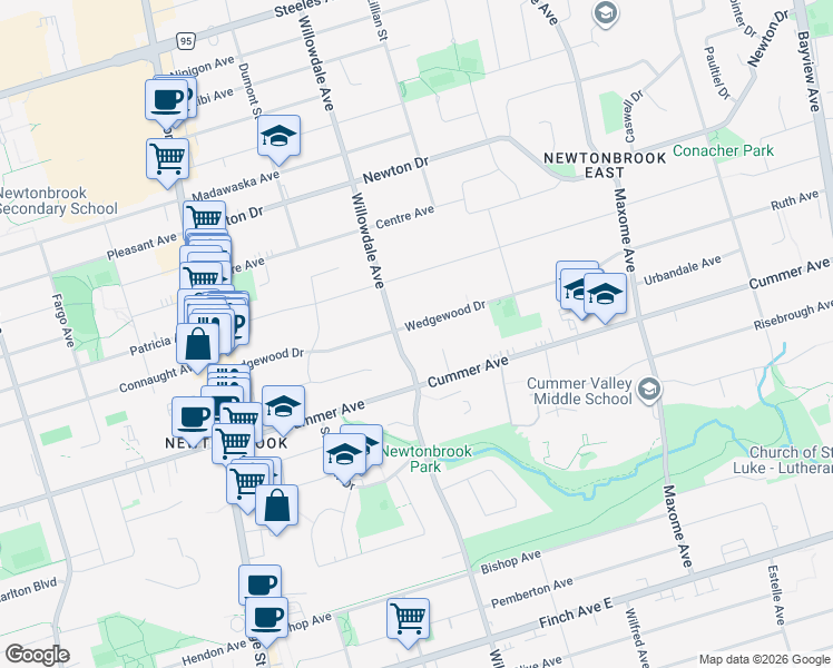map of restaurants, bars, coffee shops, grocery stores, and more near 89 Wedgewood Drive in Toronto