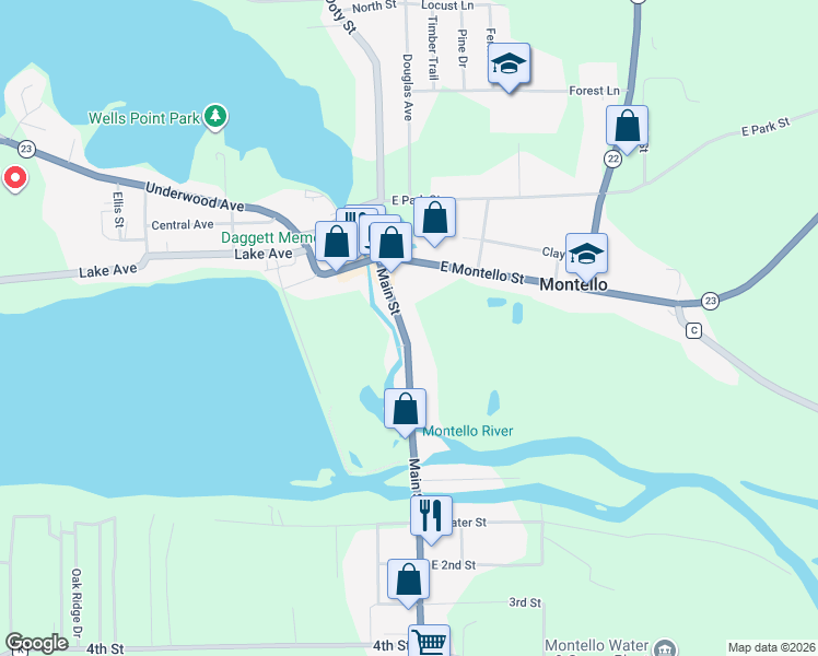map of restaurants, bars, coffee shops, grocery stores, and more near 107 Main Street in Montello