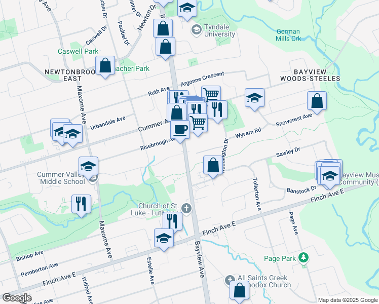 map of restaurants, bars, coffee shops, grocery stores, and more near in Toronto