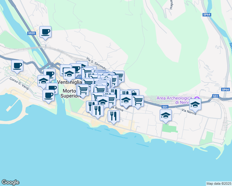map of restaurants, bars, coffee shops, grocery stores, and more near 55 Via Roma in Ventimiglia