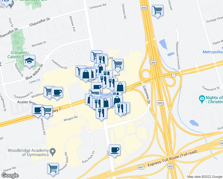 map of restaurants, bars, coffee shops, grocery stores, and more near in Vaughan
