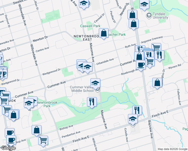 map of restaurants, bars, coffee shops, grocery stores, and more near 106 Maxome Avenue in Toronto