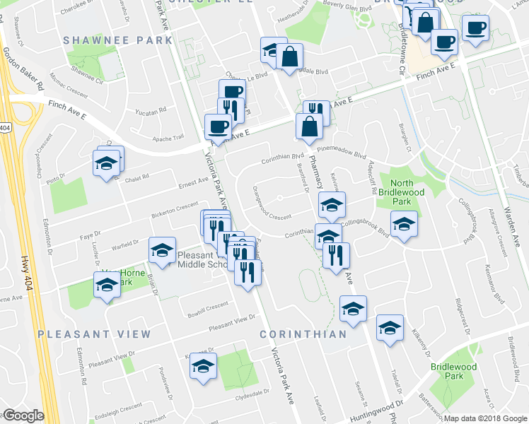 map of restaurants, bars, coffee shops, grocery stores, and more near 30 Orangewood Crescent in Toronto