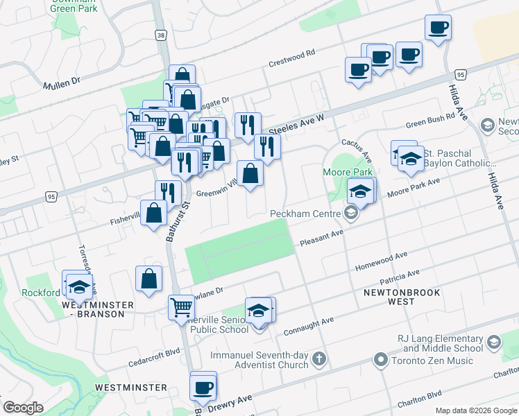 map of restaurants, bars, coffee shops, grocery stores, and more near 71 Elise Terrace in Toronto