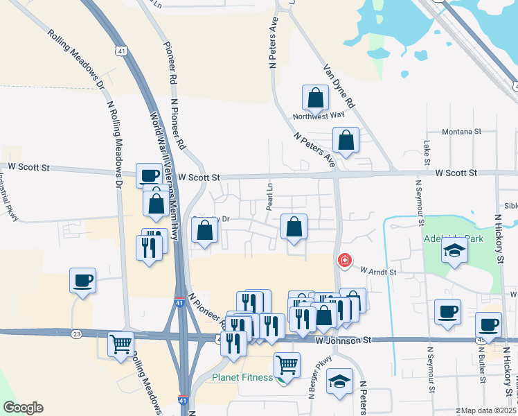 map of restaurants, bars, coffee shops, grocery stores, and more near 808 Security Drive in Fond du Lac