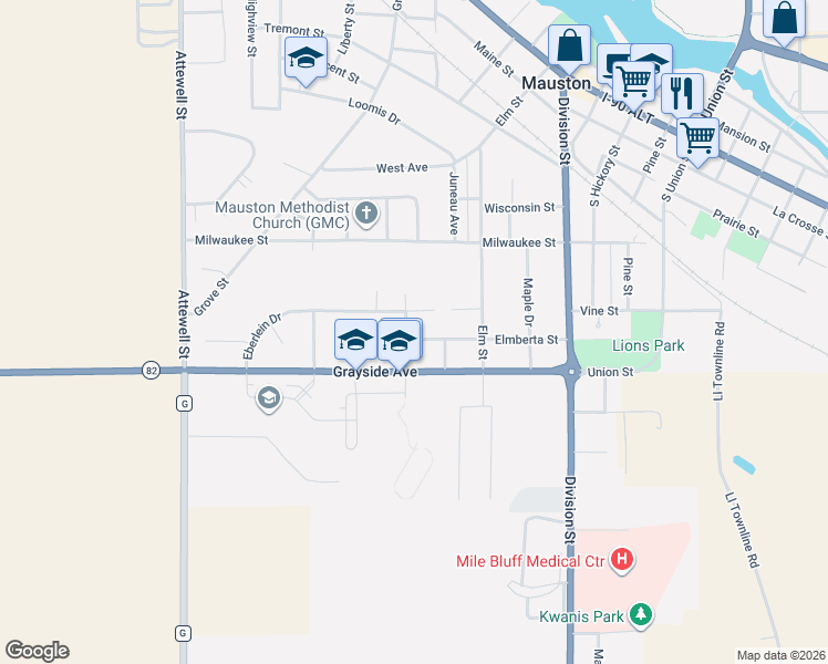 map of restaurants, bars, coffee shops, grocery stores, and more near 409 Grayside Avenue in Mauston