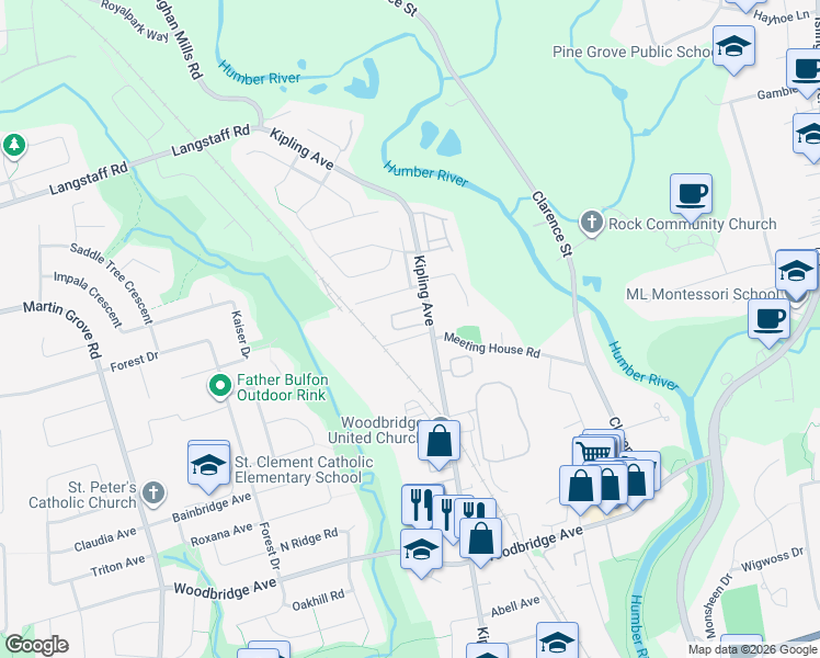map of restaurants, bars, coffee shops, grocery stores, and more near 11 City Park Circle in Vaughan